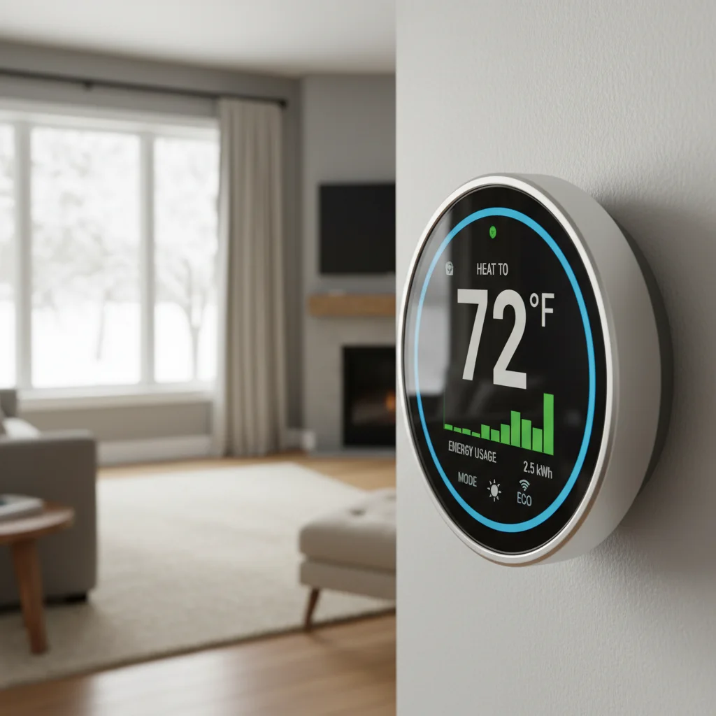 Smart thermostat displaying energy usage in a modern UK home.