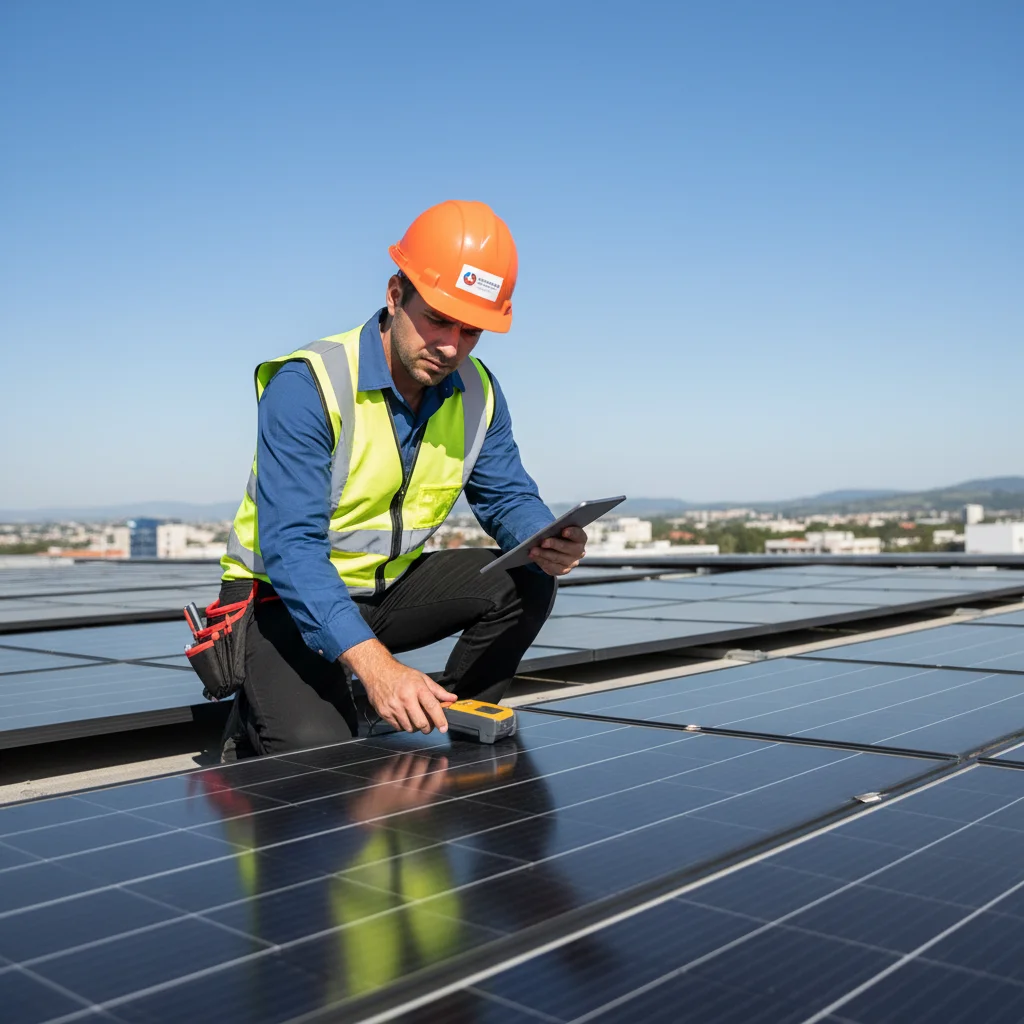 Engineer inspecting solar panels, showcasing renewable energy expertise.