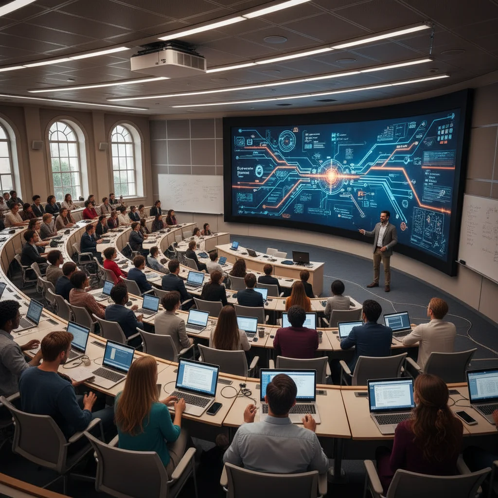 University students and professor collaborating in a modern lecture hall on STEM subjects.