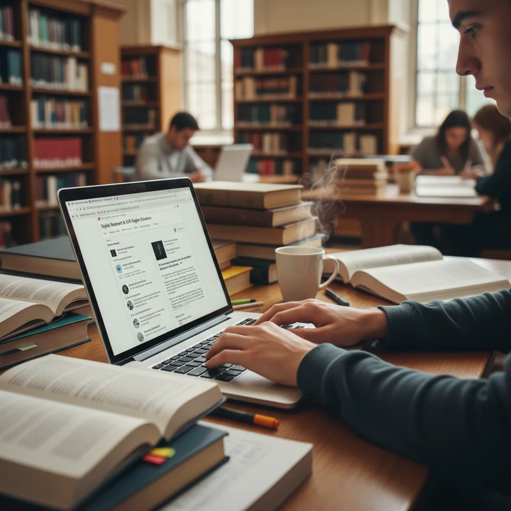 Student researching on laptop in university library, highlighting digital learning.