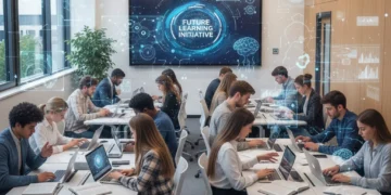 Students learning with technology, highlighting AI UK education's future