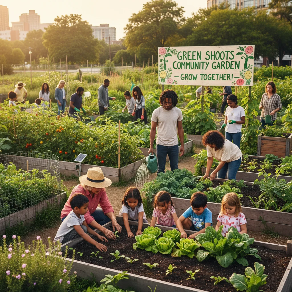Community members engaged in sustainable urban farming and gardening.