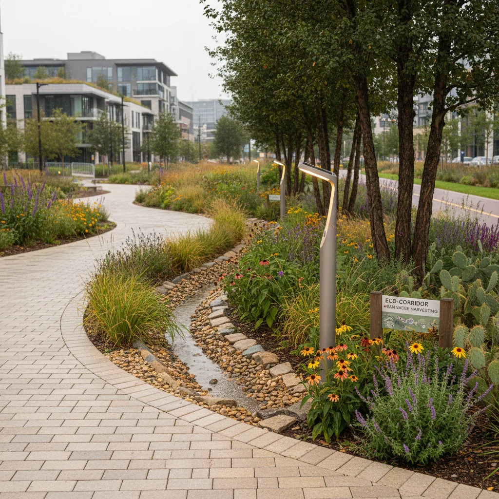 Sustainable urban park infrastructure with permeable paving, native plants, and bioswale.