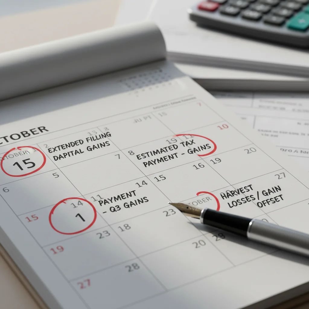 Calendar marking key tax deadlines for capital gains.