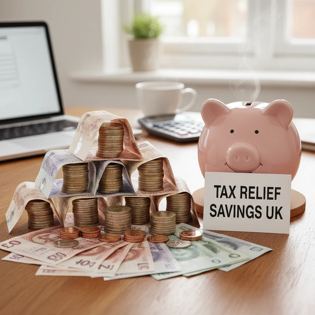Stack of British pound notes and coins next to a piggy bank, representing tax savings.