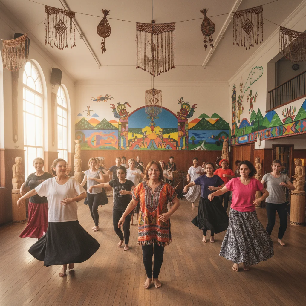 Community members learning traditional dance in a vibrant local hall.