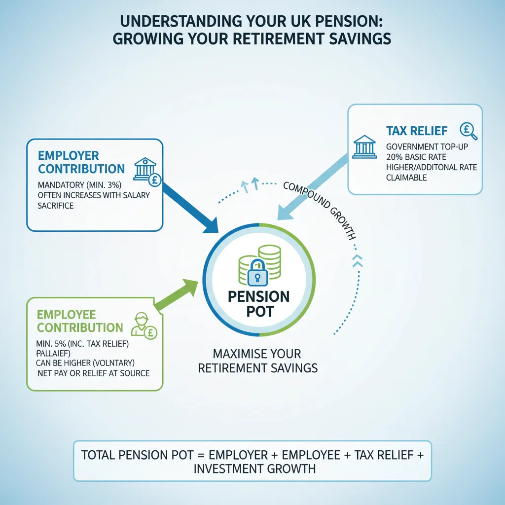 Infographic showing types of UK pension contributions and their benefits