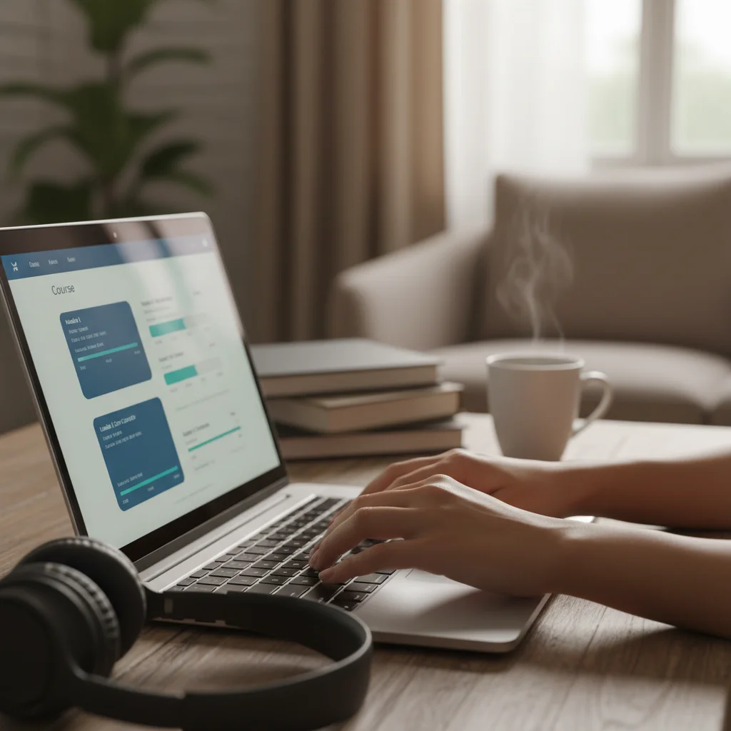 Person typing on laptop, engaging with an online course from a home office, highlighting convenience.