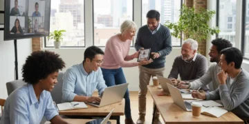 Diverse UK adults engaging with free online courses on laptops and tablets, symbolising accessible lifelong learning.