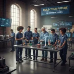 Diverse apprentices and mentors collaborating in a modern UK workshop