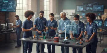 Diverse apprentices and mentors collaborating in a modern UK workshop