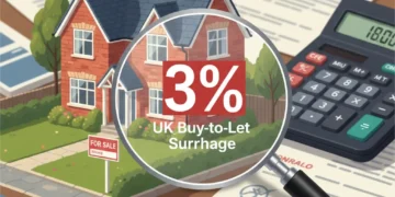 Illustration of a house with a 3% surcharge symbol, representing the UK buy-to-let Stamp Duty.
