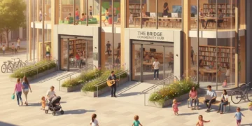 Modern UK community hub exterior with diverse people engaging in activities