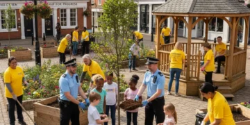 Community members and police collaborating on a safety project in a UK town.