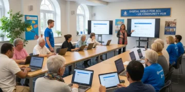 Community members learning digital skills in a UK digital inclusion project