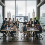 Students and professionals learning collaboratively in a modern UK educational setting.