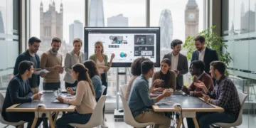 Students and professionals learning collaboratively in a modern UK educational setting.