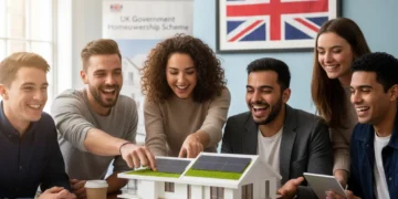 Young adults reviewing UK government-backed first-time buyer schemes for homeownership.