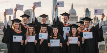 UK graduates proudly displaying micro-credentials for career advancement