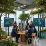 Green Skills Revolution: Emerging Roles in UK's Sustainable Economy Professionals collaborating in an eco-friendly office, symbolising the UK's green skills revolution.