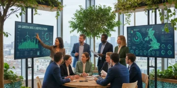 Professionals collaborating in an eco-friendly office, symbolising the UK's green skills revolution.