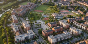 Modern UK neighbourhood development showing diverse housing and green areas.