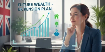 Thoughtful person planning UK pension finances on a tablet, focusing on future retirement savings.