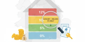 Illustration of UK Stamp Duty Land Tax thresholds with house graphic and tax bands