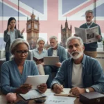 UK State Pension Age Review: What Over 55s Need to Know Older adults discussing UK State Pension Age changes, looking concerned yet prepared.