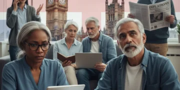 Older adults discussing UK State Pension Age changes, looking concerned yet prepared.