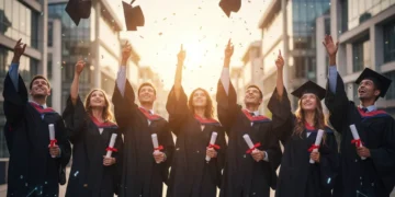 Diverse UK university graduates celebrating their achievements in STEM fields, ready for tech careers.