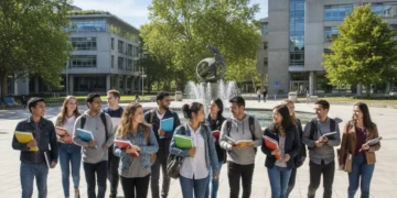 Students walking on a modern UK university campus, symbolising the future of higher education.