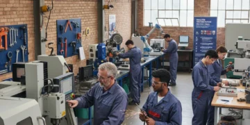 Young adults engaging in practical skills training in a UK workshop setting.