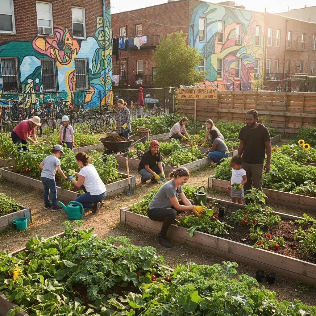 Diverse community members actively gardening in an urban allotment, promoting local food.