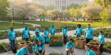 Diverse volunteers working together on a community project, representing a government volunteer grant.