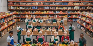 Volunteers sorting food at a vibrant community food bank