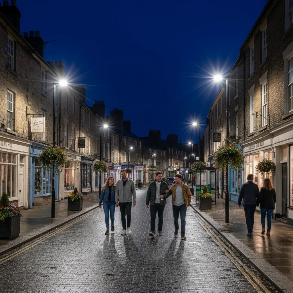 Well-lit street in a UK town at night, enhancing public safety.