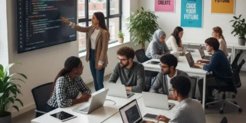 Young people learning digital skills in a modern workshop setting