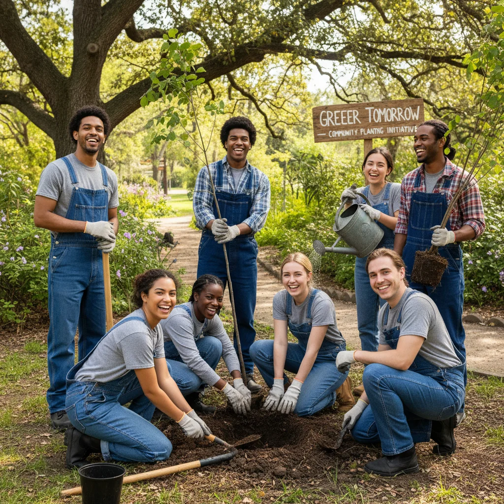 Young volunteers planting trees in a park, contributing to environmental community support.
