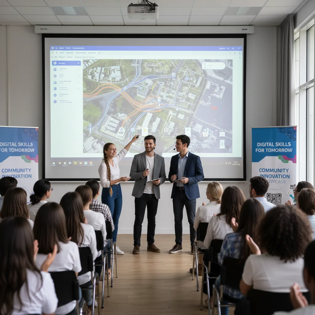 Young adults presenting a digital project after skills training